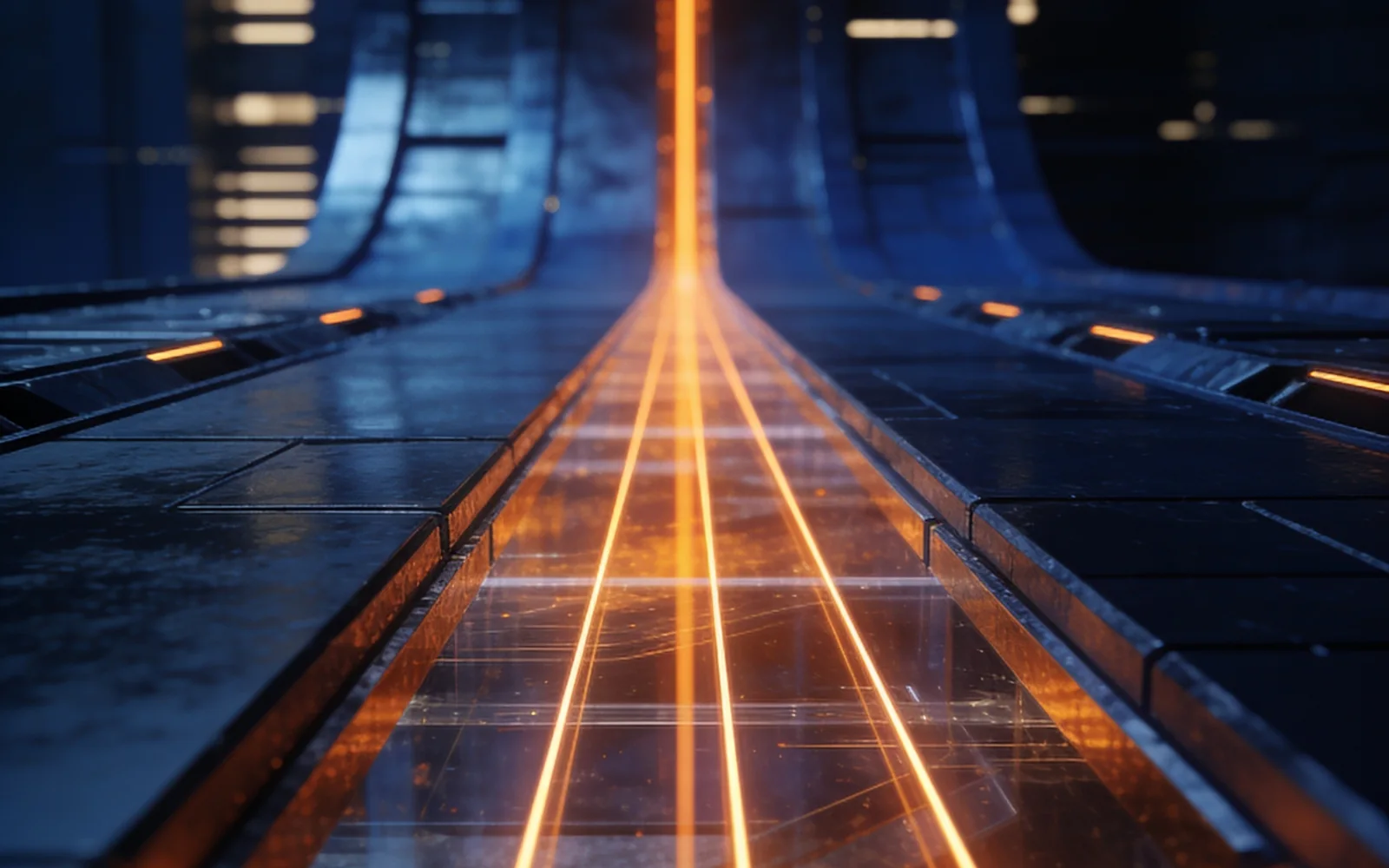 Orange signal path moving through a connected digital system