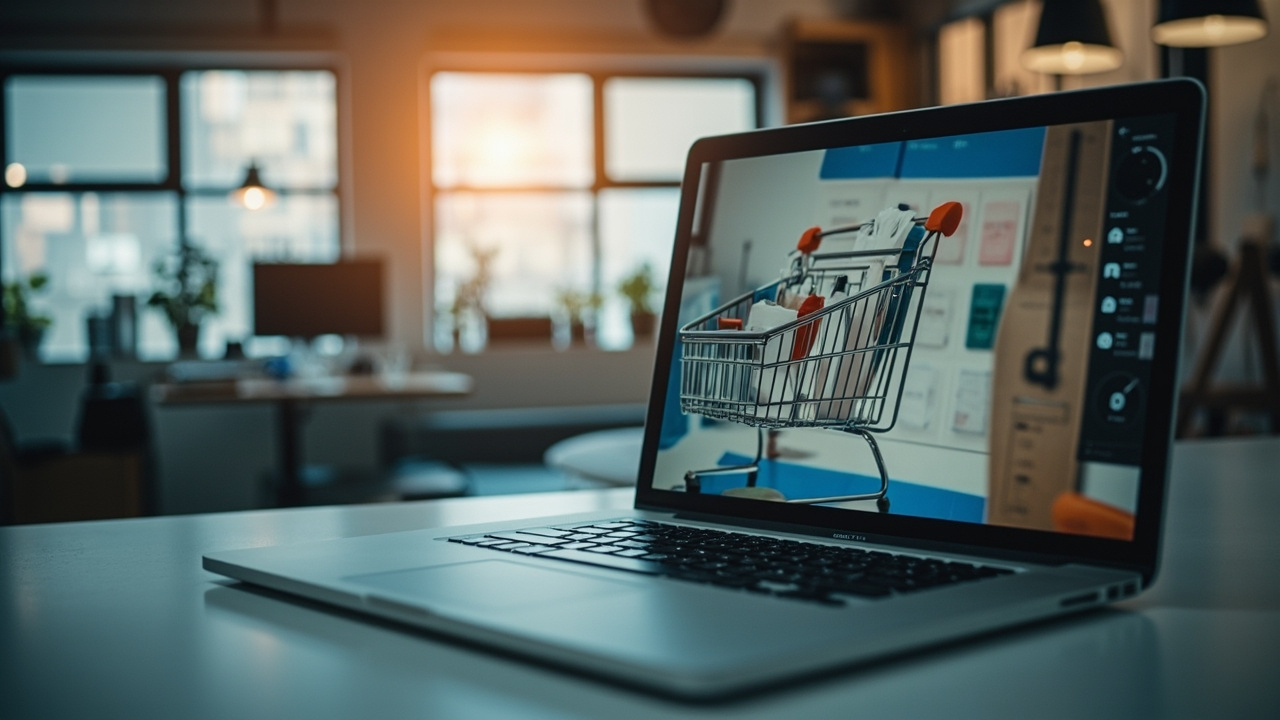 Online e-commerce store, shopping cart, products on a screen