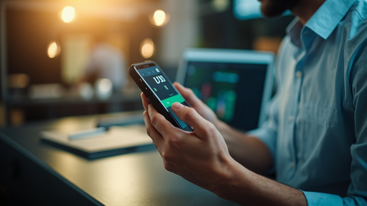 Mobile app development, smartphone showing a business app
